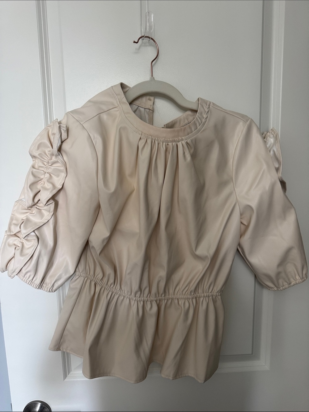 Cream Puff-Sleeve Peplum Top